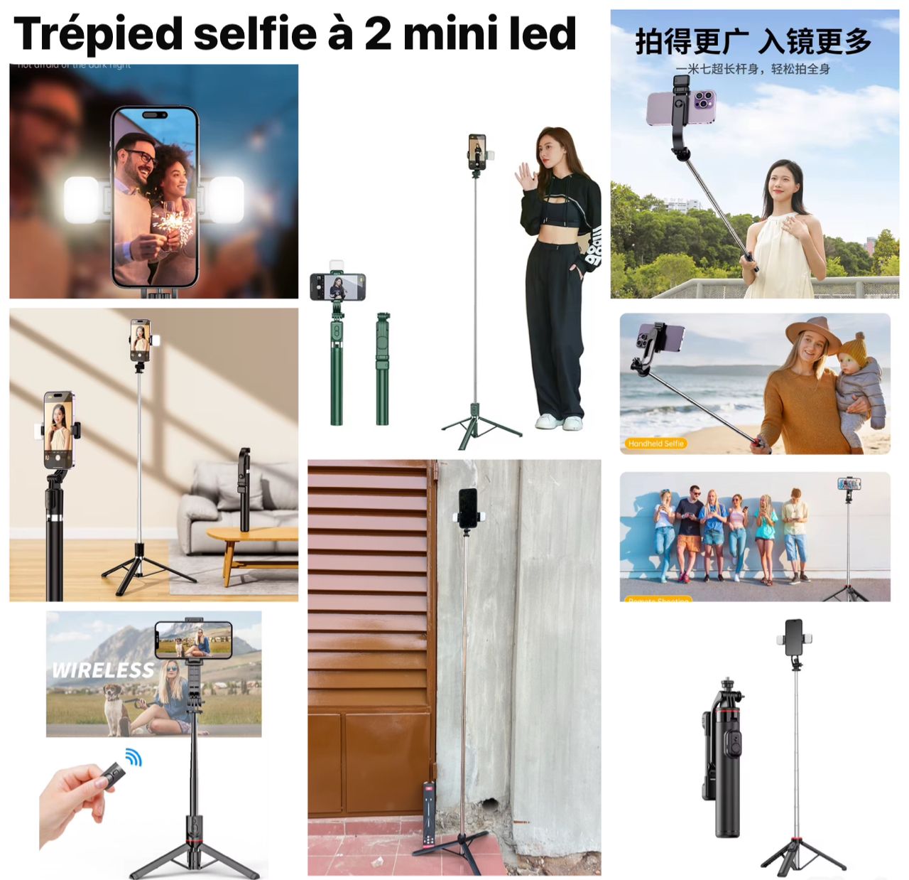 Trépied selfie 1m70cm a 2 mini led a