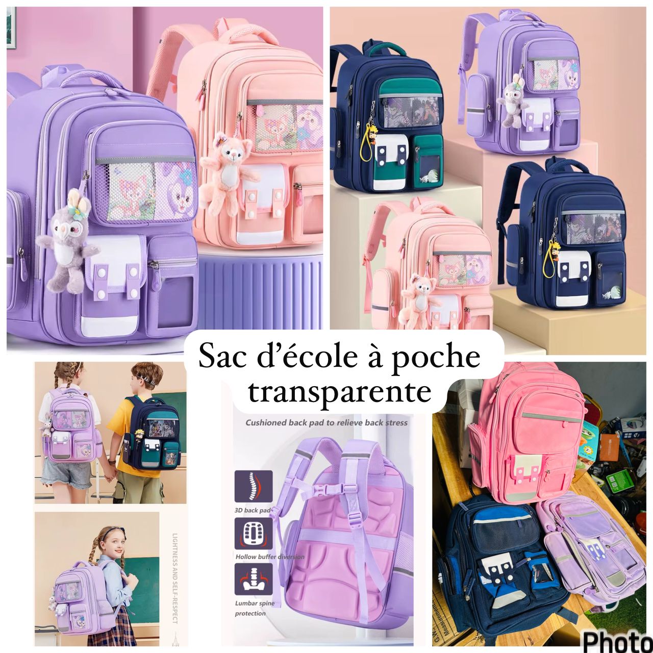 Sac d'école à poche transparente