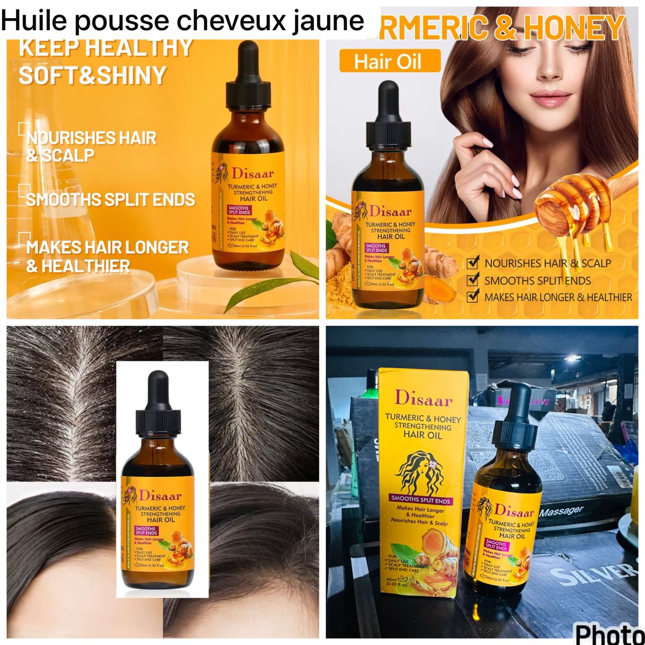 Huile pousse cheveux jaune a base curcuma et miel 🍯